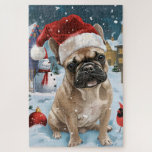 French Bulldog Winter Wonderland Christmas Joy<br><div class="desc">Dieses festliche Design spiegelt den fröhlichen Geist der Urlaubssaison wider und besticht durch ein hübsches Jungtier mit einer Weihnachtsmannmütze. Der Hund ist eingebettet in ein winterliches Wunderland, mit einem Schneemann, einem dekorierten Weihnachtsbaum und wunderschön verpackten Geschenken. Schneeflocken fallen sanft ab und geben der Szene eine magische Touch, während die lebhaften...</div>