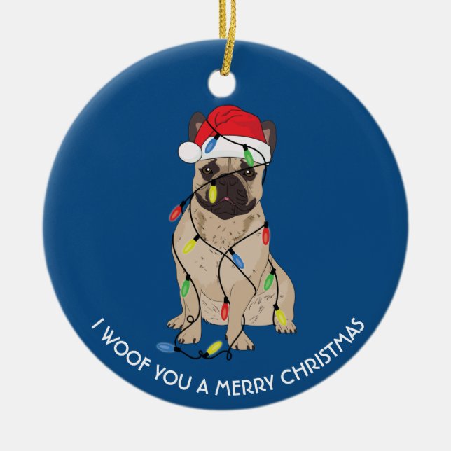  French Bulldog with Christmas lights Christmas Keramik Ornament (Vorne)