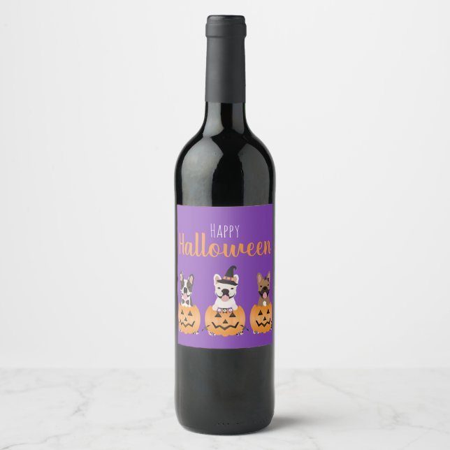 French Bulldogs Happy Halloween Weinetikett (Vorderseite)