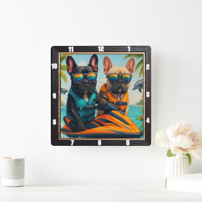 French Bulldogs Jet Ski Fun Quadratische Wanduhr (Zuhause)