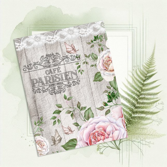 French Café Parisien Floral Wood Board Postkarte (Von Creator hochgeladen)