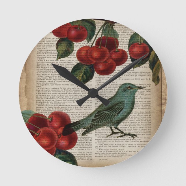 french country bird retro botanical red cherry runde wanduhr (Vorderseite)