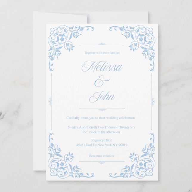 French Country Blue Filigree Wedding invitation Einladung (Vorderseite)