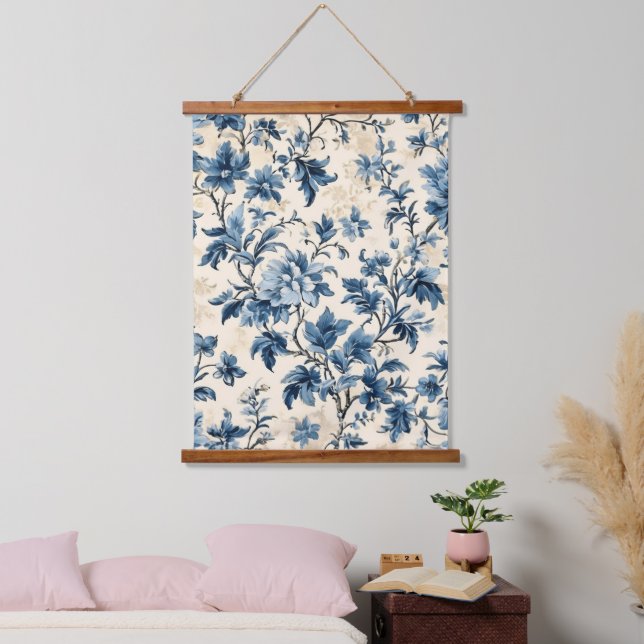 French Country Blue Toile Wandteppich Mit Holzrahmen (Schlafzimmer)