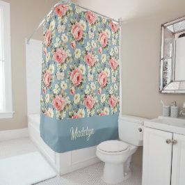 French Country Cottage Floral Dusty Blue Monogram Duschvorhang