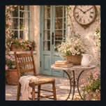 French Country Courtyard Coffee Table  Poster<br><div class="desc">Bring the warmth and romance of the French countryside into your home with this serene courtyard wall art. A rustic stone table set with an open book, fresh coffee, and delicate flowers sits beside a charming wooden chair draped with a soft linen throw. Sunlight glows through vintage French doors adorned...</div>