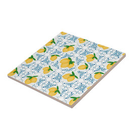 French Country Lemon Blue Floral Tile Pattern Fliese