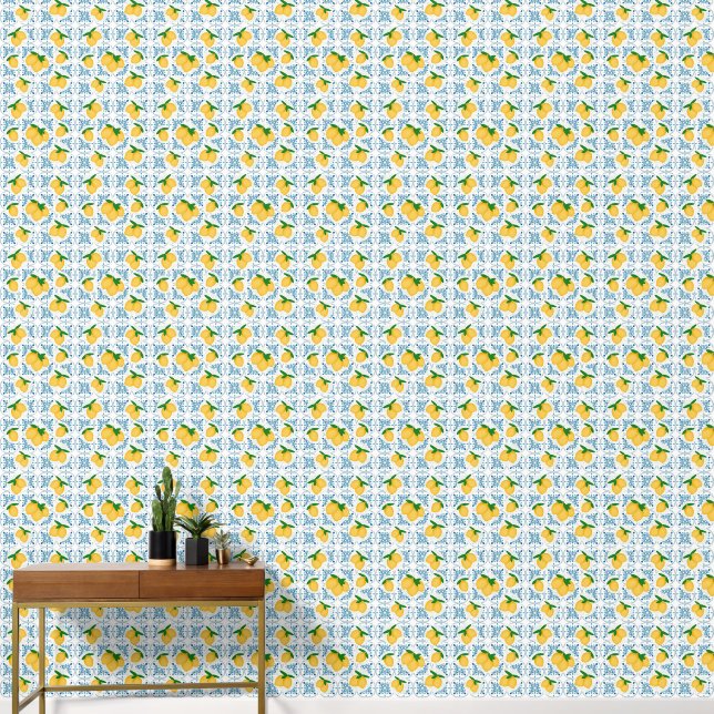 French Country Lemon Blue Floral Tile Pattern Tapete (Korridor)