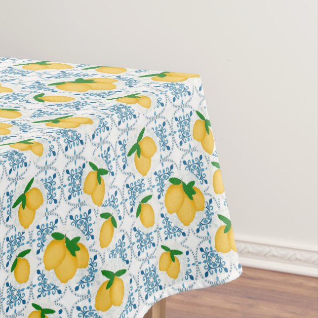 French Country Lemon Blue Floral Tile Pattern Tischdecke (Beispiel)