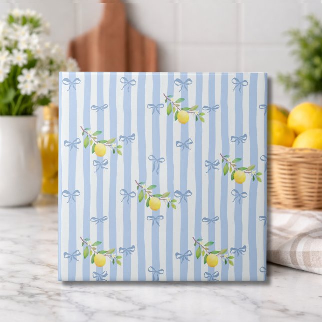French Country Lemon  – Blue Stripe Bow Fliese (Von Creator hochgeladen)
