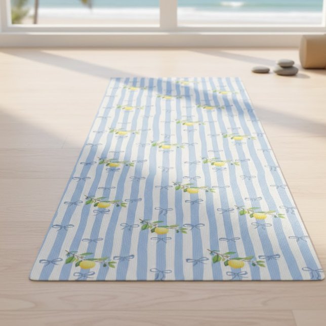 French Country Lemon – Blue Stripe Bow Pattern Yogamatte (Von Creator hochgeladen)