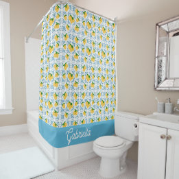 French Country Lemon Blue Tile Pattern Duschvorhang