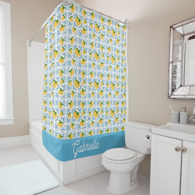 French Country Lemon Blue Tile Pattern Duschvorhang (Beispiel)
