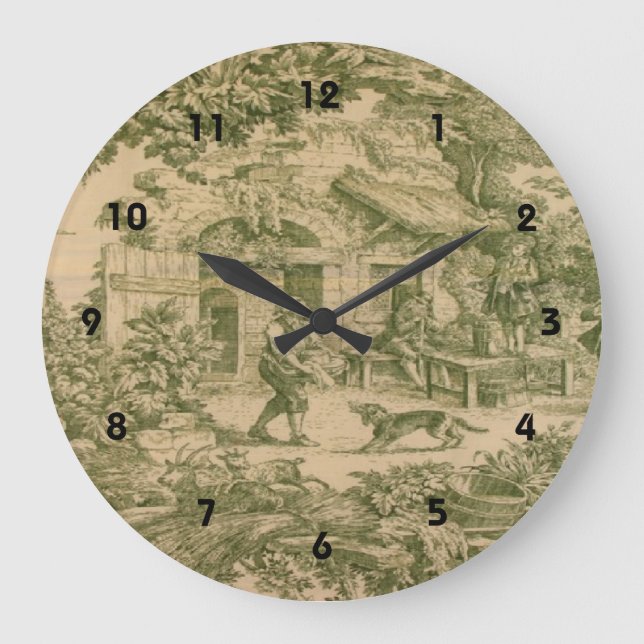 French Country Toile Sage Print Clock Große Wanduhr (Vorderseite)