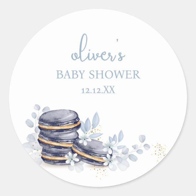French Floral Bonjour Bébé Macaron Babydusche Runder Aufkleber (Vorderseite)