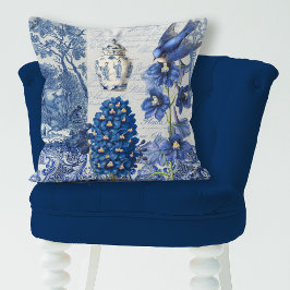 French Flowers n Bird Blue and White Toile Collage Kissen