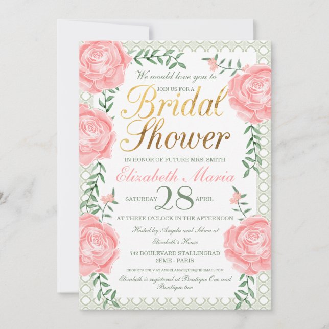 French Garden Rose Bridal Dusche Einladung (Vorderseite)