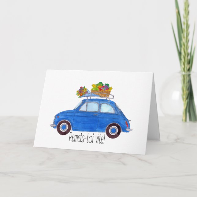 French Get well Blue Retro Fiat 500 Karte (Vorderseite)