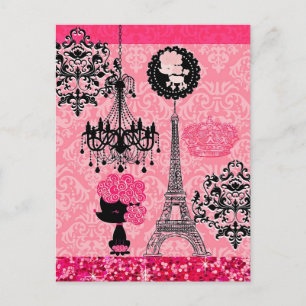 French Girly Eiffel Tower, Puppy & Damask Elegant Postkarte