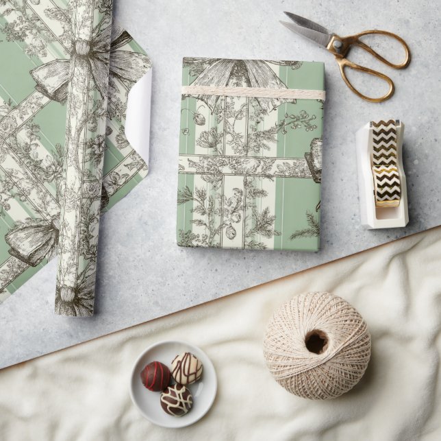 French Green Christmas Toile Bow Patterned Geschenkpapier (Basteln)