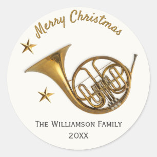 French Horn Frohe Weihnachtsmusik Personalisiert Runder Aufkleber