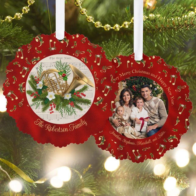 French Horn Musical Red Christmas Foto Ornament Karte (Von Creator hochgeladen)