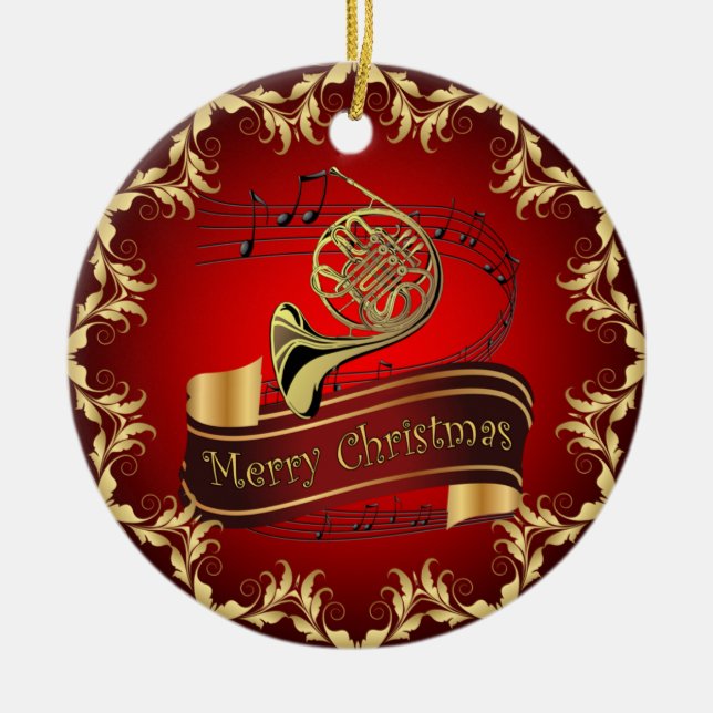 French Horn ~ Musical Scroll ~ Frohe Weihnachten ~ Keramik Ornament (Vorne)