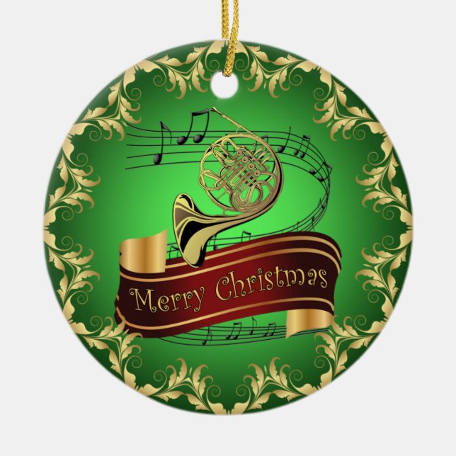 French Horn ~ Musical Scroll ~ Merry Christmas ~  Keramik Ornament (Vorne)