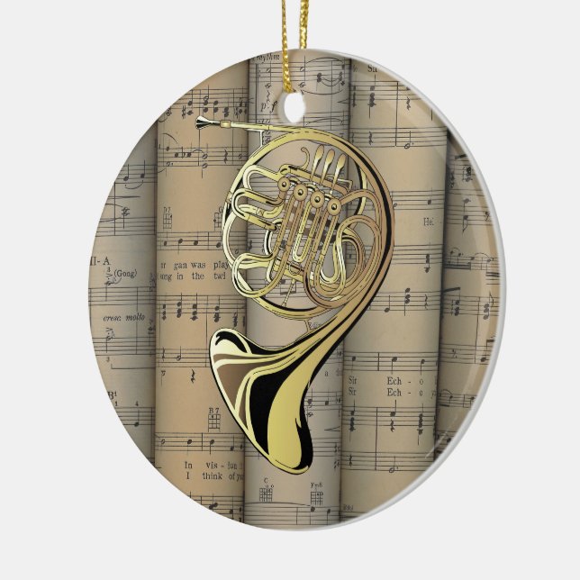 French Horn ~ Rolled Sheet Music Back ~ Musical Keramik Ornament (Links)