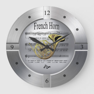 French Horn - Sheet Music Brushed Silver Color Große Wanduhr