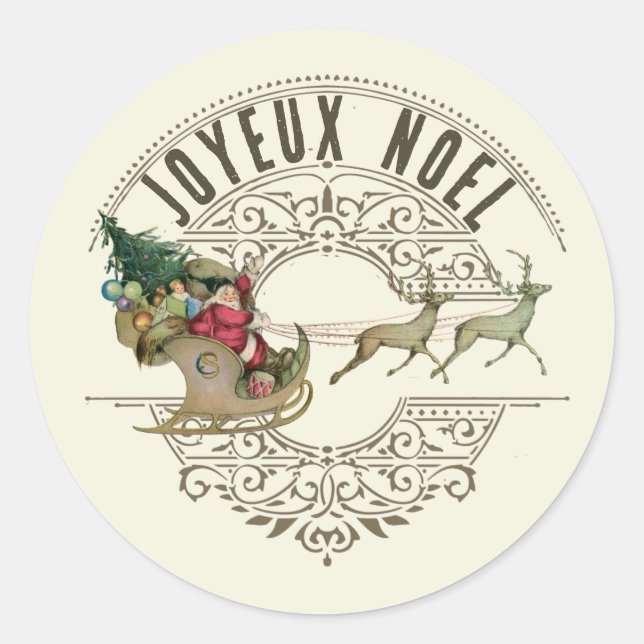 French Joyeux Weihnachten Santa Reindeer Frohe Wei Runder Aufkleber (Vorderseite)