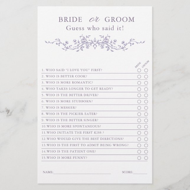 French Lavender 'Bride or Groom' Bridal Game  (Vorderseite)