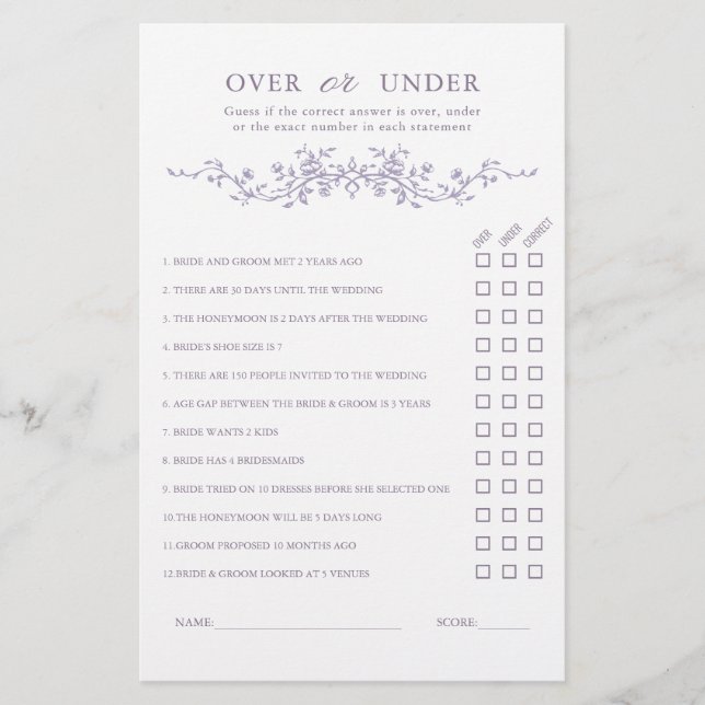 French Lavender 'Over or Under' Bridal Shower Game (Vorderseite)