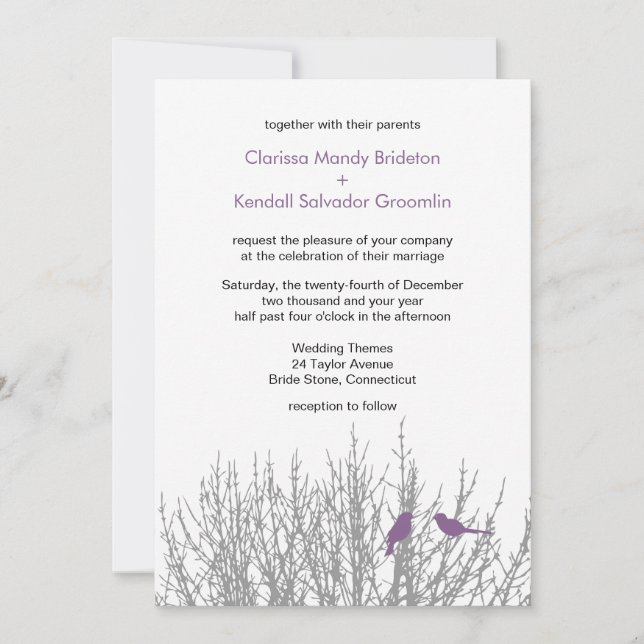 French Lilac Love Birds Weddings Custom Einladung (Vorderseite)
