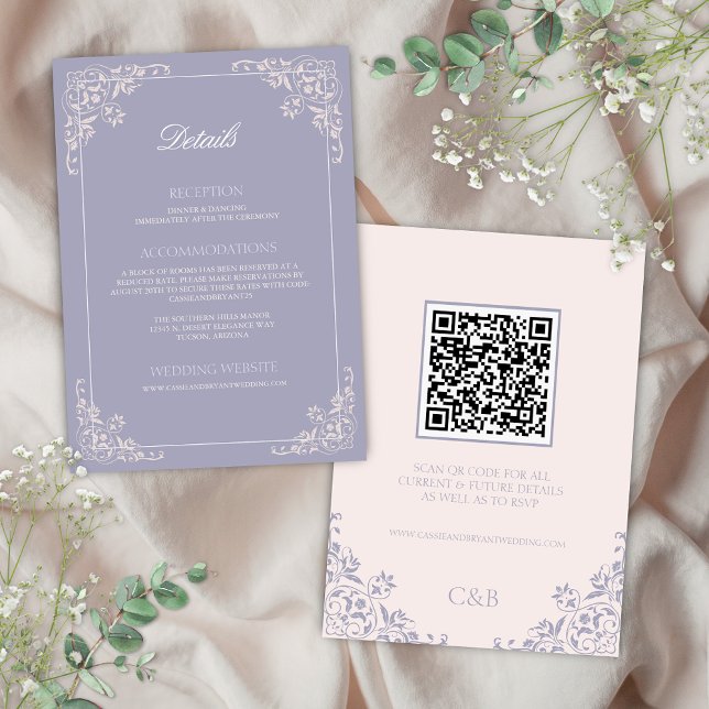 French Lilac QRCode Détails du Mariage Carte de bo (Elegant lavendar purple and blush pink french lilac theme wedding enclosure cards for qr code detail)