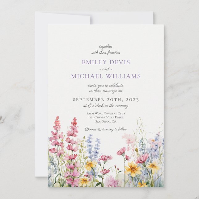 French Lilac Wildblume Wedding Einladung (Vorderseite)