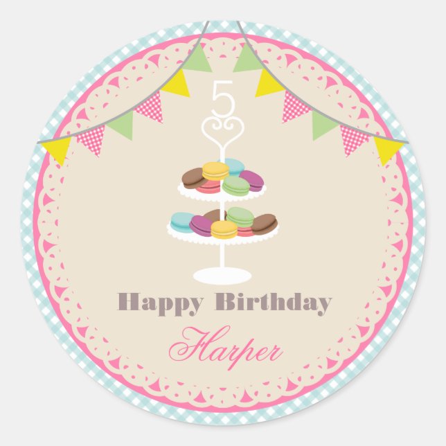 French Macarons Birthday Party Blue Gingham Runder Aufkleber (Vorderseite)