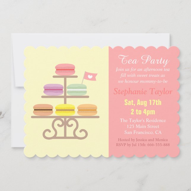 French Macarons Tea Party Babydusche, süß rosa Einladung (Vorderseite)