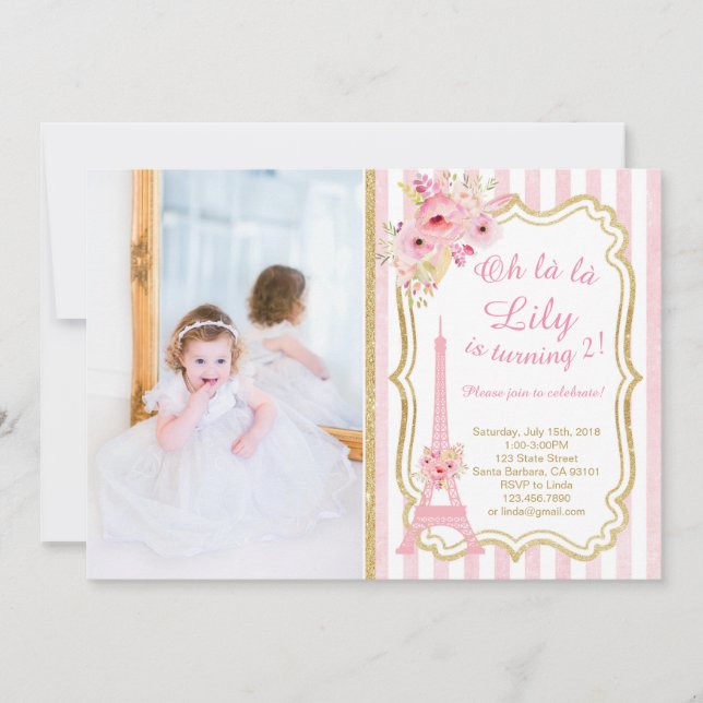 French Paris Invitation d'anniversaire pour filles (Devant)
