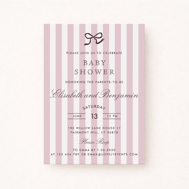 French Pink Bow & Stripes Baby shower Invitation (Créateur téléchargé)
