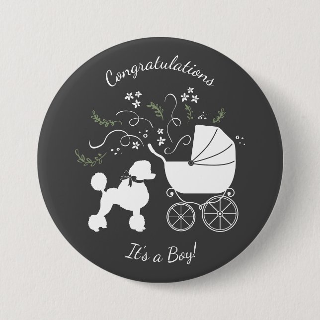 French Poodle Dog Baby Shower Puppy Grau Button (Vorderseite)