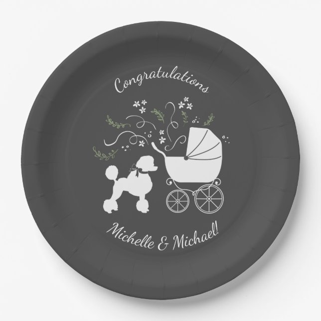 French Poodle Dog Baby Shower Puppy Grau Pappteller (Vorderseite)
