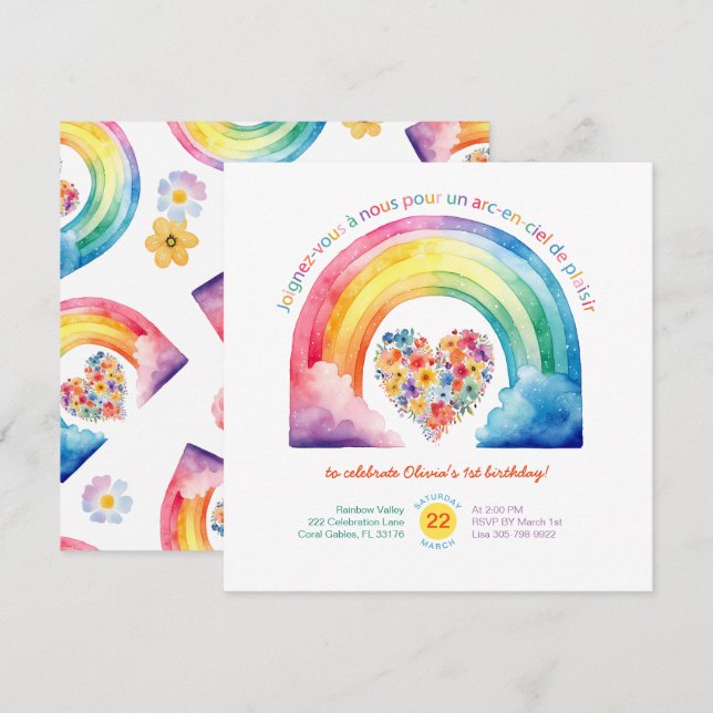 French Rainbow Girl Anniversaire Fête Invitation (Devant / Derrière)