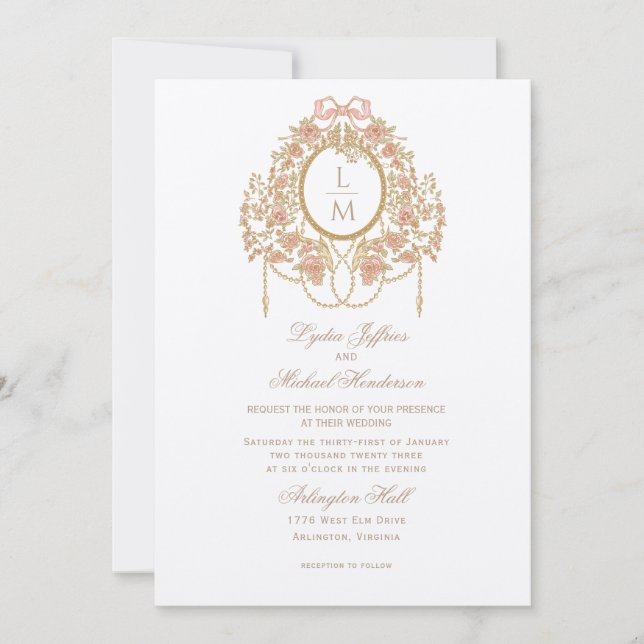 French Rococo Rose Monogram Wedding Einladung (Vorderseite)