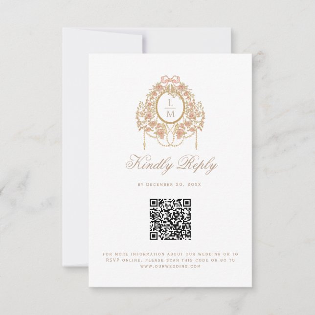 French Rococo Rose Monogram Wedding QR Code RSVP Karte (Vorderseite)