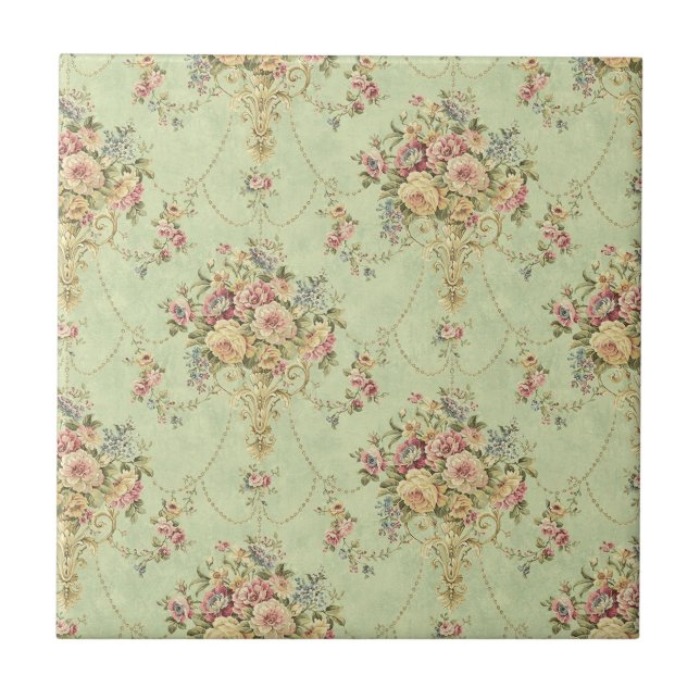 French Sage Green Viktorianisch Style Floral Rokok Fliese (Vorderseite)