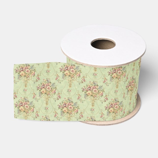 French Sage Green Viktorianisch Style Floral Rokok Ripsband (Spule)