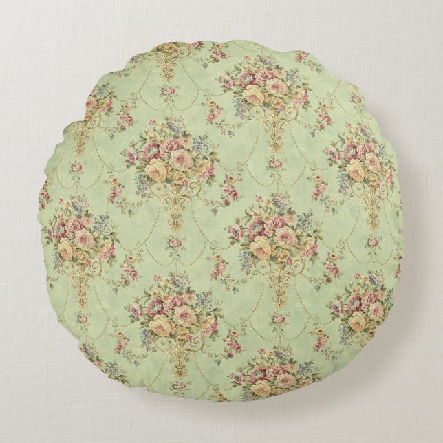 French Sage Green Viktorianisch Style Floral Rokok Rundes Kissen (Vorderseite)