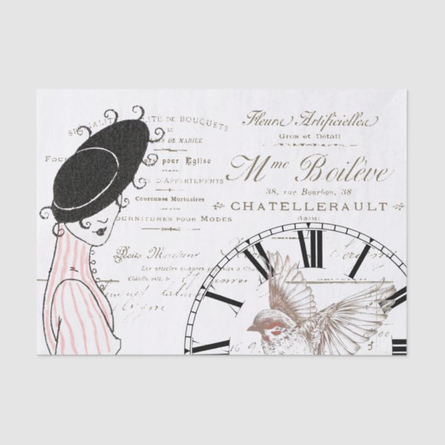 French Script Vintag Clock Lady Bird Seidenpapier (Vorderseite)