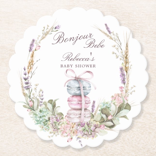 French Stack of Macarons in wreath bonjour bebe Untersetzer (Vorderseite)